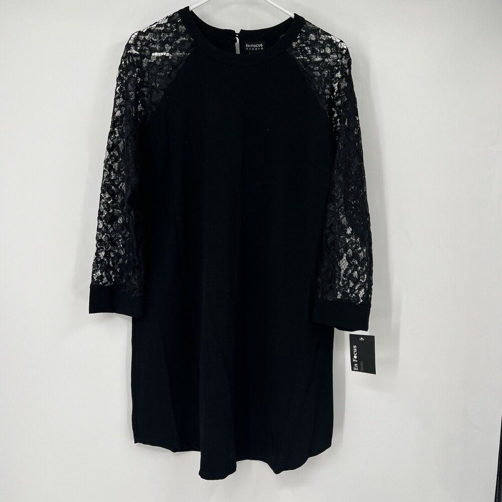 NWT En Focus Studio Black Sheath Dress 8 Demure Classy Lace Sleeves Feminine